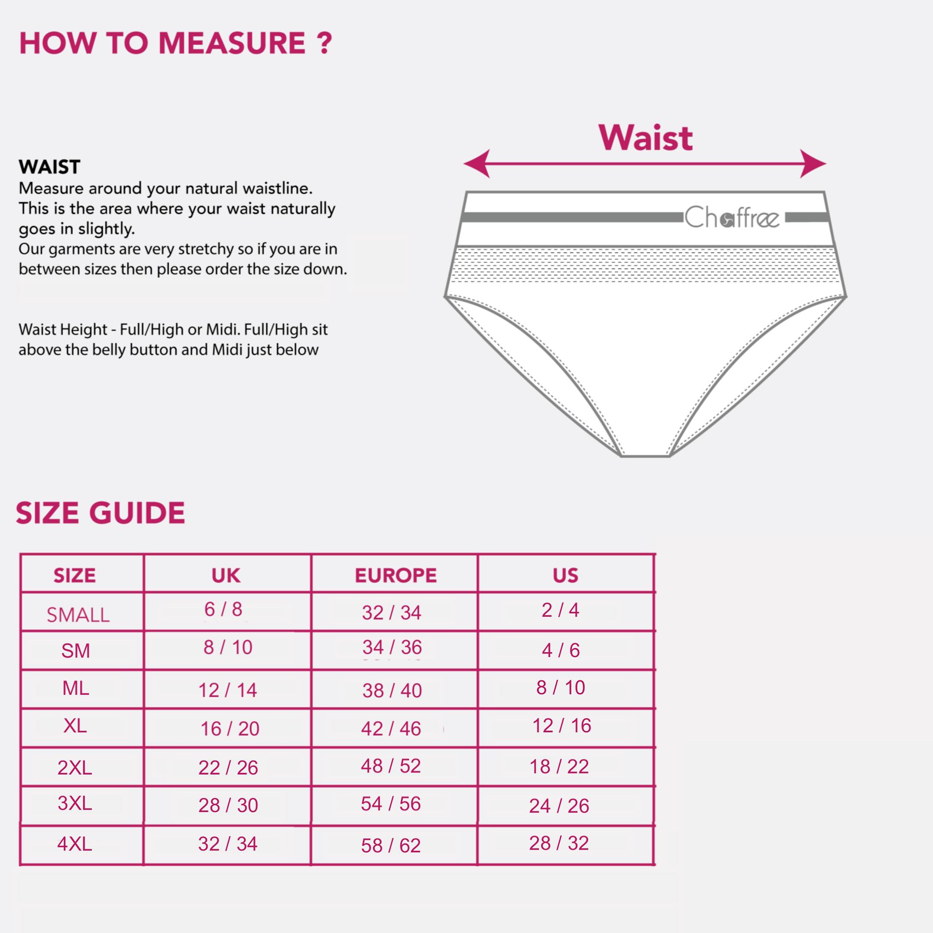 Pink Underwear Size Chart